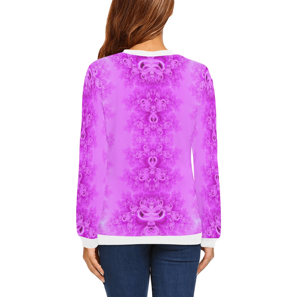 Soft Violet Flowers Frost Fractal All Over Print Crewneck Sweatshirt for Women (Model H18)