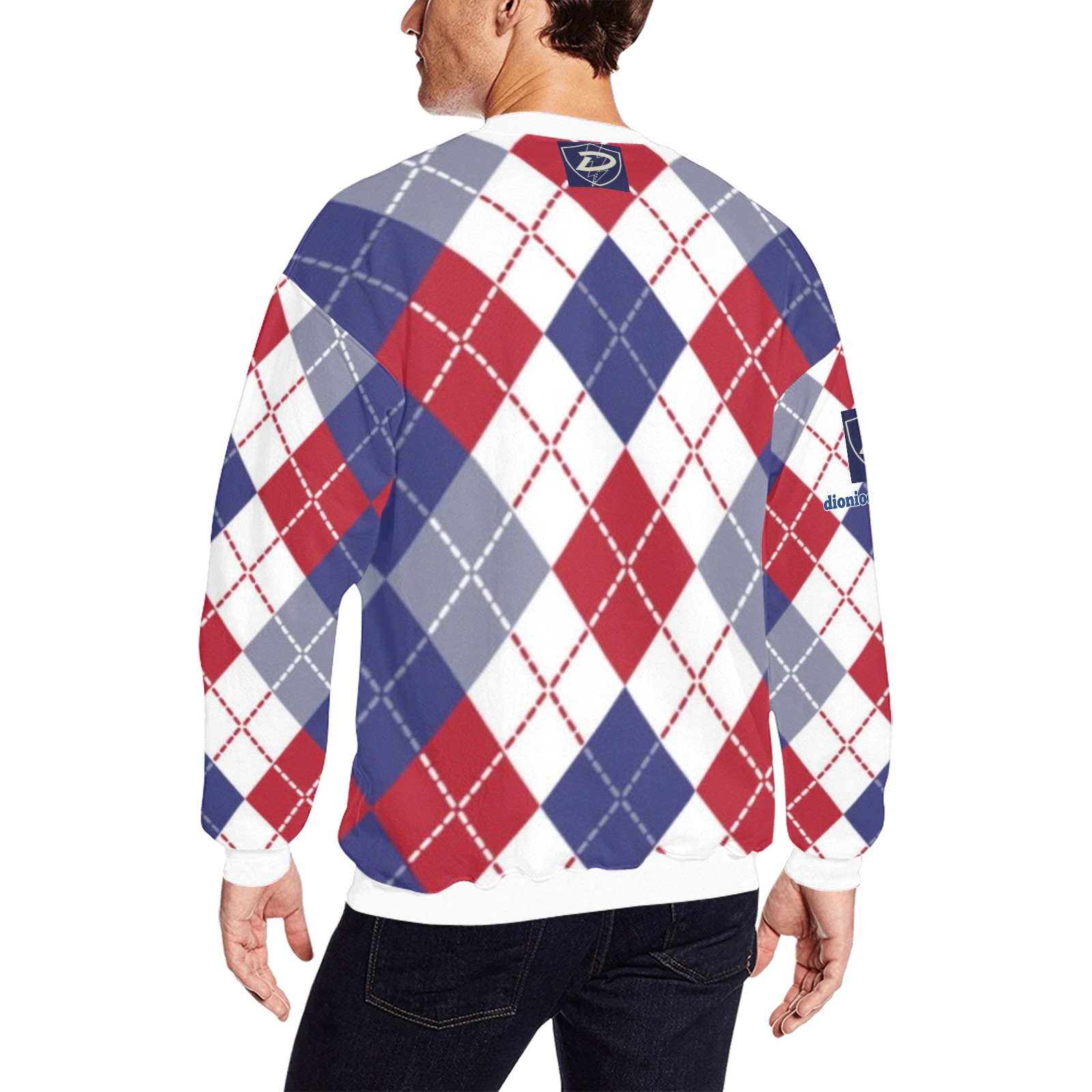 DIONIO Clothing - Argyle White Red,& Blue Sweatshirt (D-Shield Logo) Men's Oversized Fleece Crew Sweatshirt (Model H18)