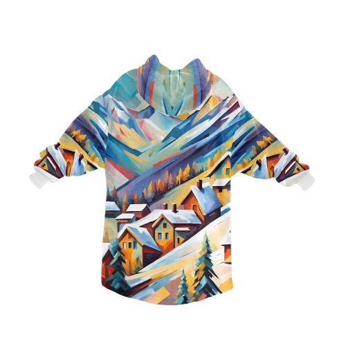 Fantasy mountain village skiing destination art Blanket Hoodie for Women