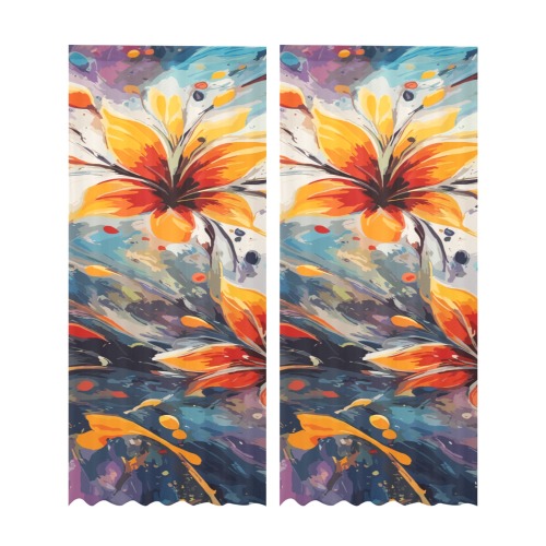 Amazing orange flowers and colorful background. Gauze Curtain 28"x95" (Two-Piece)