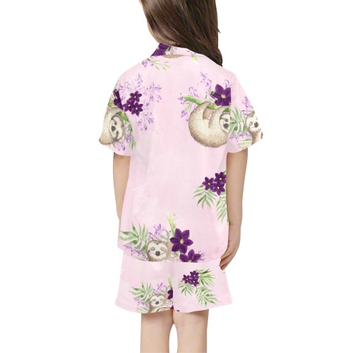 Pink Purple floral Sloth Pajamas Little Girls' V-Neck Short Pajama Set