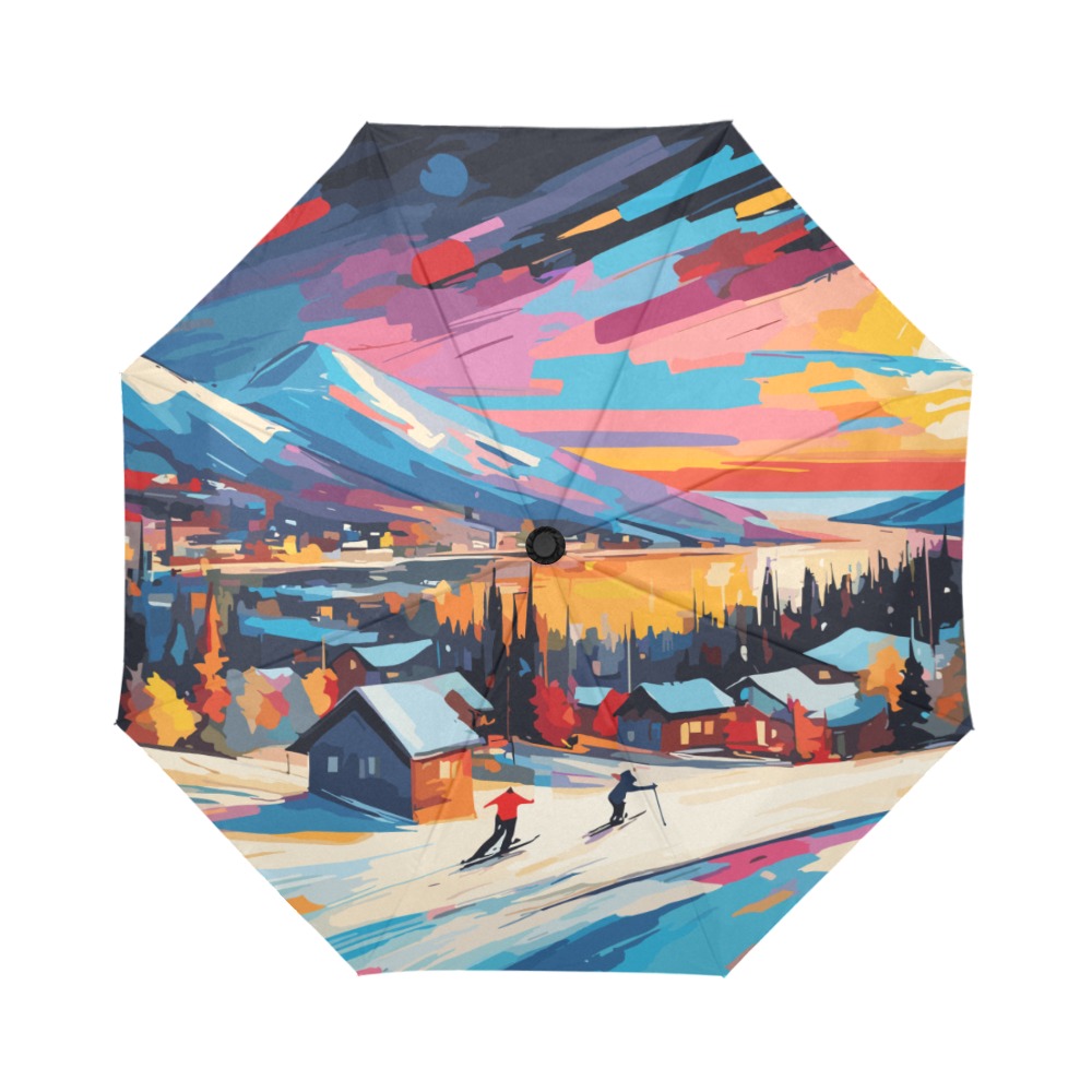 Winter mountains, lake, sunset cool skiing theme Auto-Foldable Umbrella (Model U04)