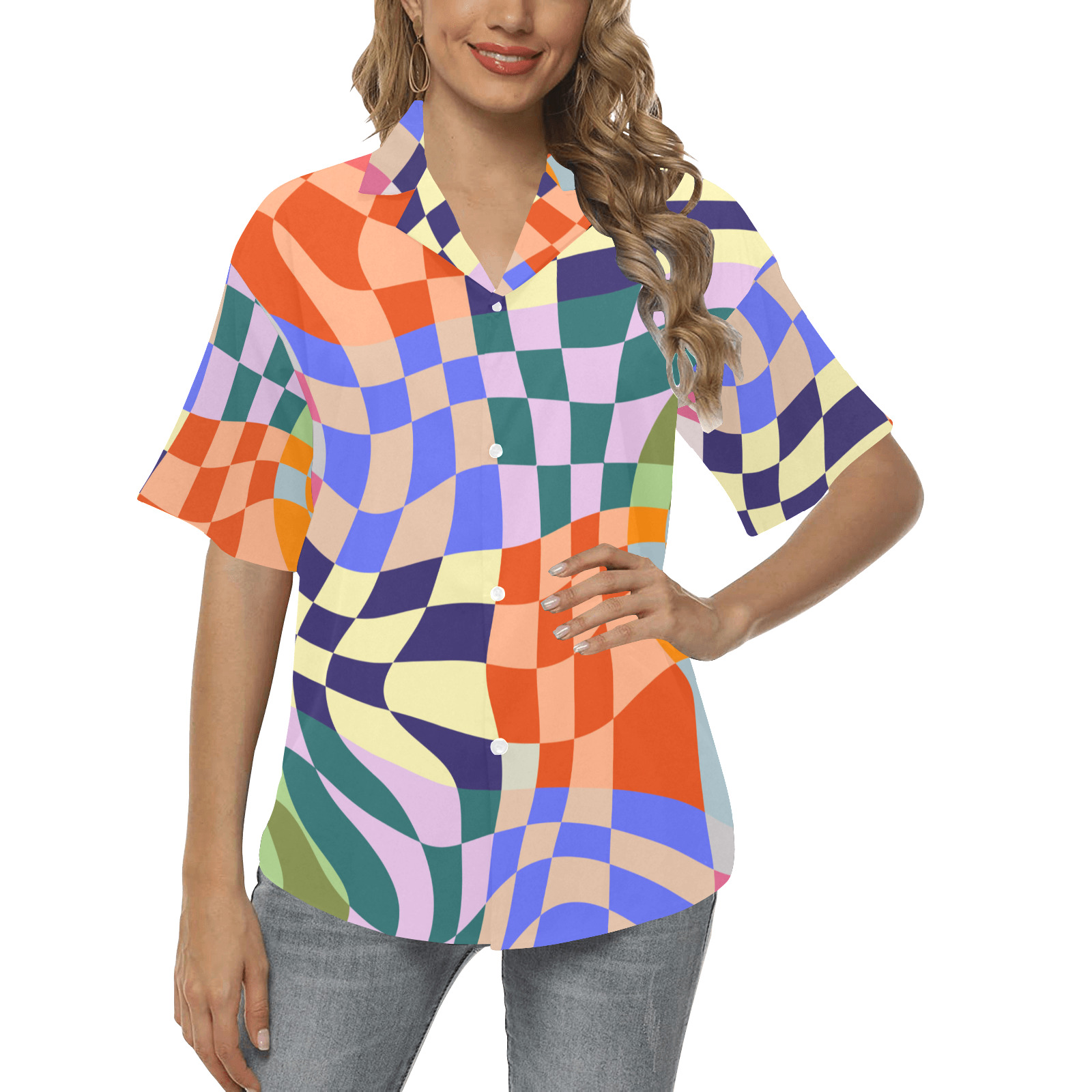 Wavy Groovy Geometric Checkered Retro Abstract Mosaic Pixels All Over Print Hawaiian Shirt for Women (Model T58)