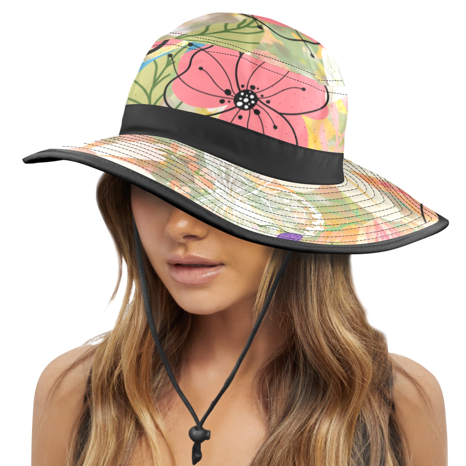 Pink Poppies Blue Bells Safari Hat Wide Brim Bucket Hat