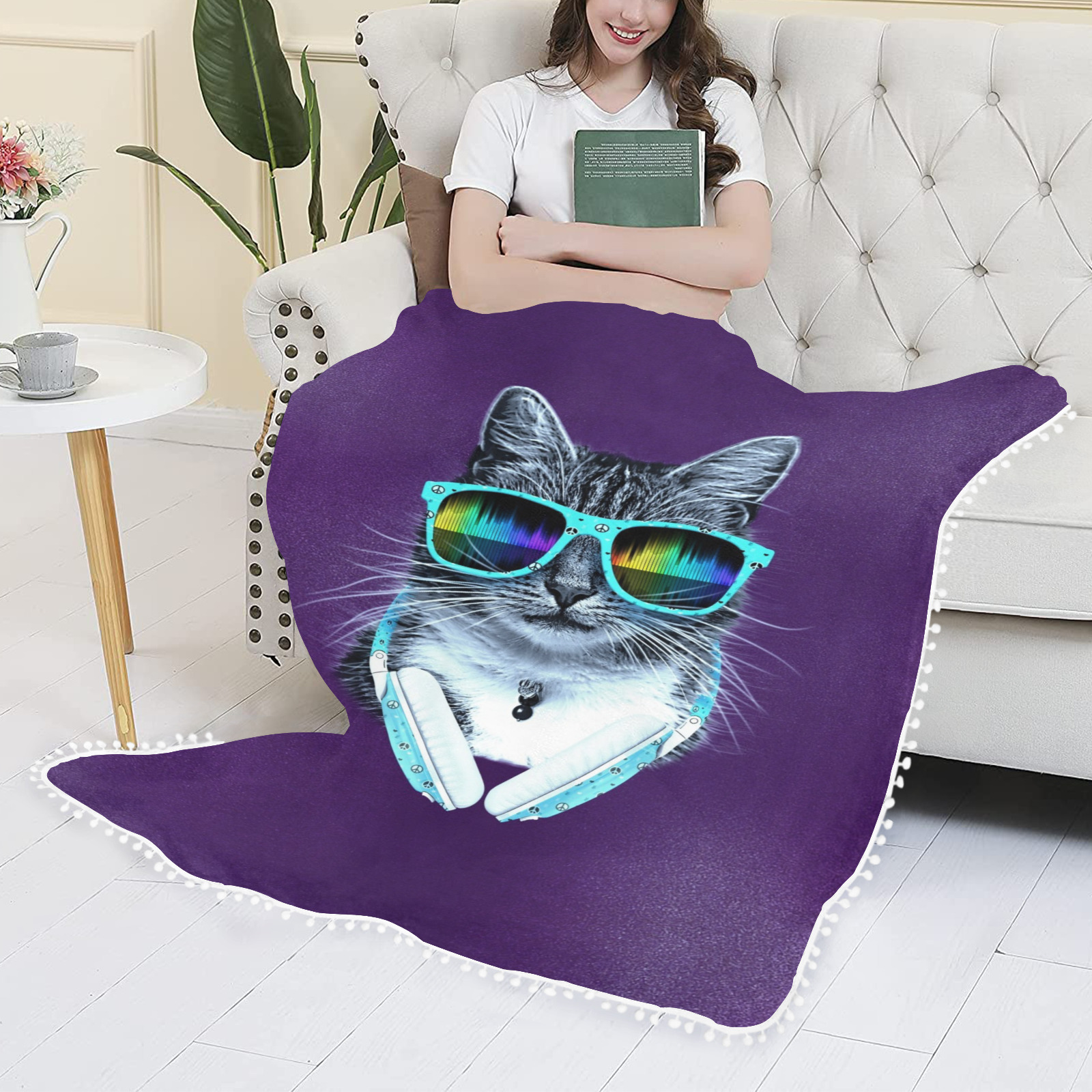 Stylish Cute Cool Cat with glasses and headphones Pom Pom Fringe Blanket 60"x80"