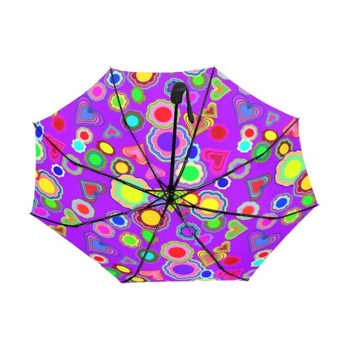 Groovy Hearts and Flowers Purple Anti-UV Auto-Foldable Umbrella (Underside Printing) (U06)