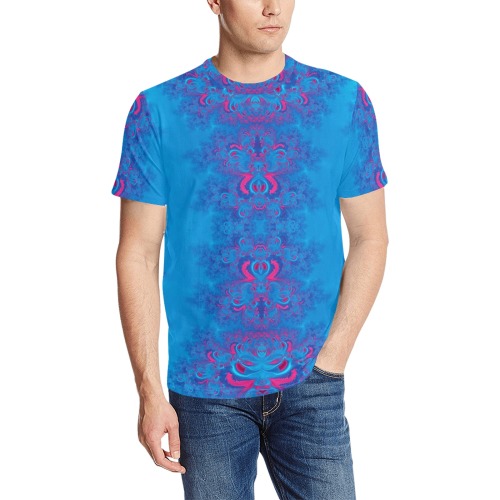 Blue Flowers on the Ocean Frost Fractal Men's All Over Print T-Shirt (Random Design Neck) (Model T63)