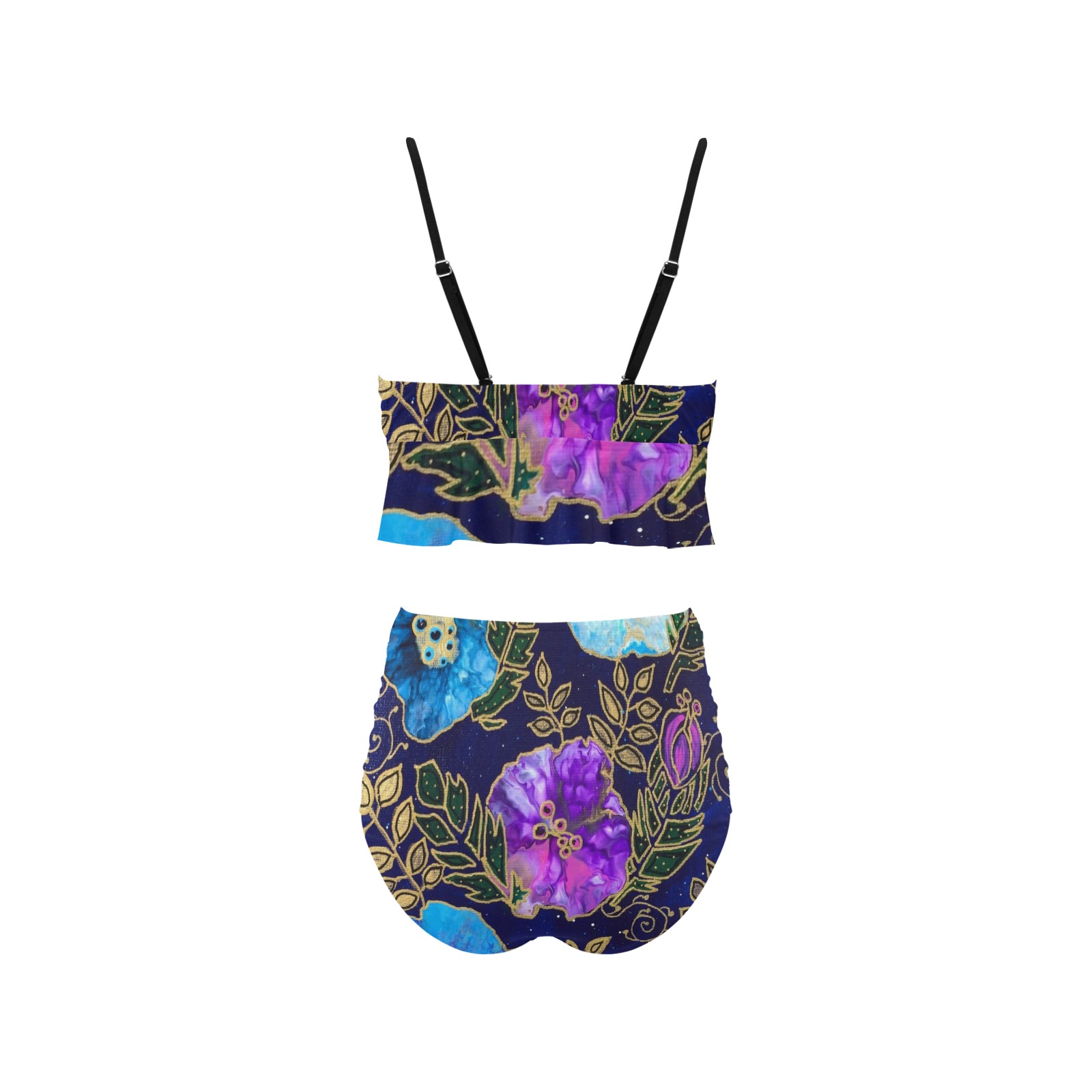 Dark Blue Floral Ruffle Hem Bikini Swimsuit (Model S35)