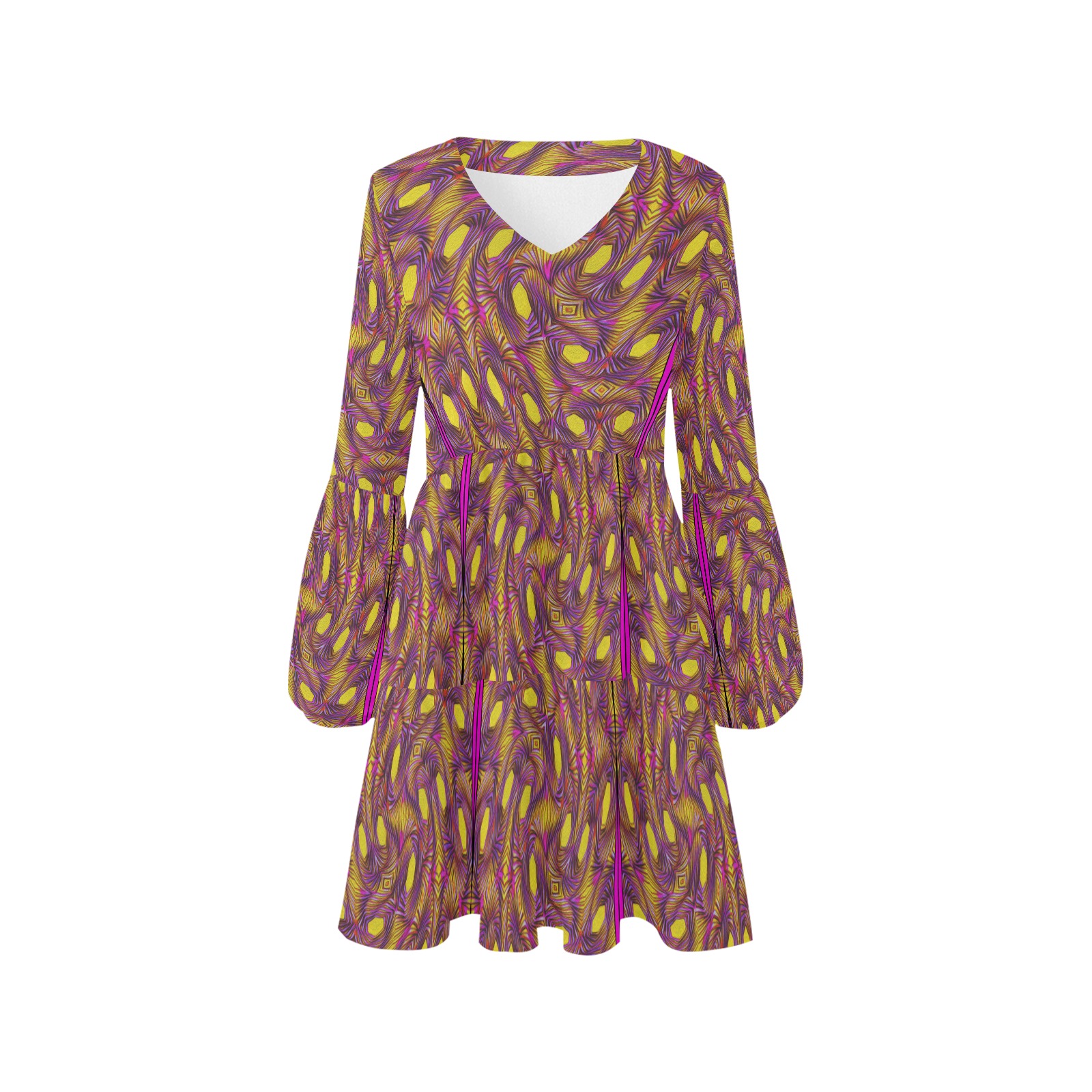 Yellow Dots and Strips V-Neck Loose Fit Dress (Model D62)