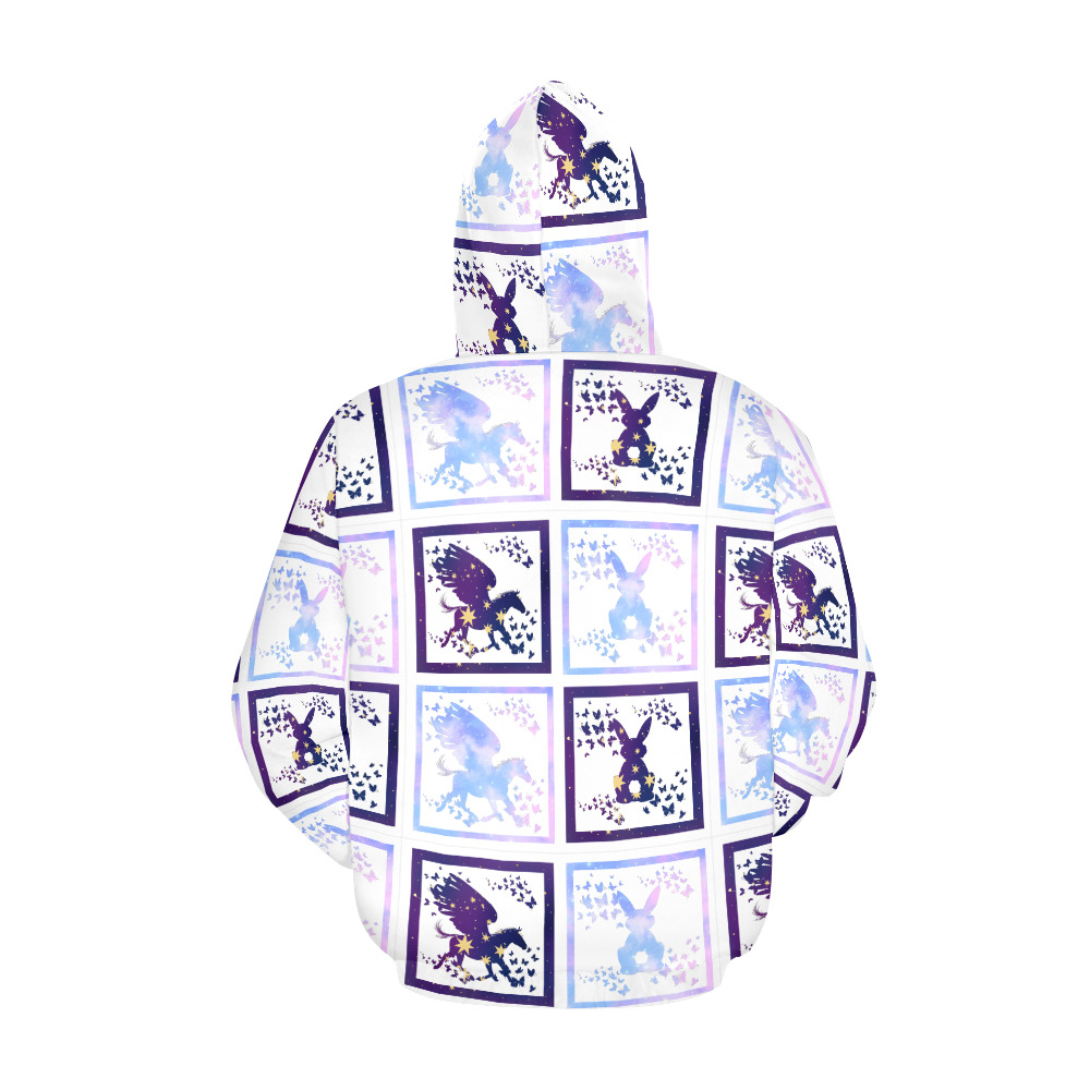 Bunny and Pegasus Together in Blue Patchwork Design All Over Print Hoodie for Women (USA Size) (Model H13)