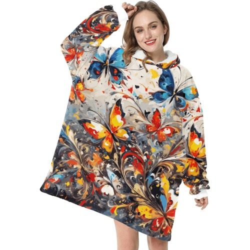 Decorative floral ornament and awesome butterflies Blanket Hoodie for Women