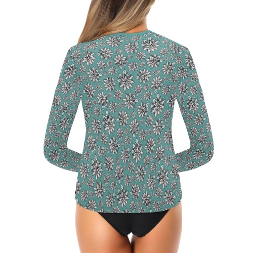 Creekside Floret small pattern teal Women's Long Sleeve Swim Shirt (Model S39)