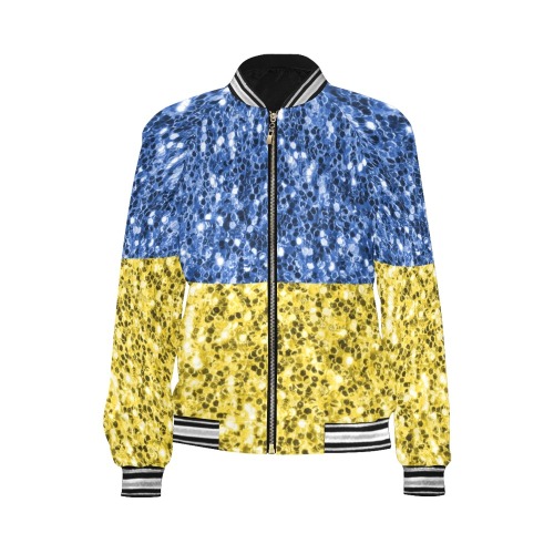Blue yellow Ukraine flag glitter faux sparkles All Over Print Bomber Jacket for Women (Model H21)