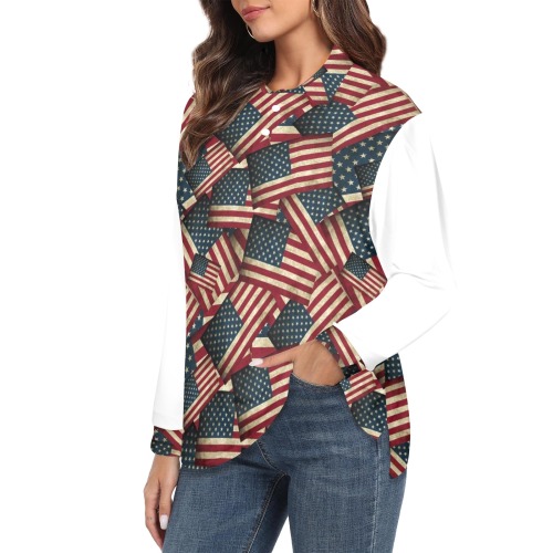 Patriotic USA American Flag Art  / White Women's Long Sleeve Polo Shirt (Model T73)