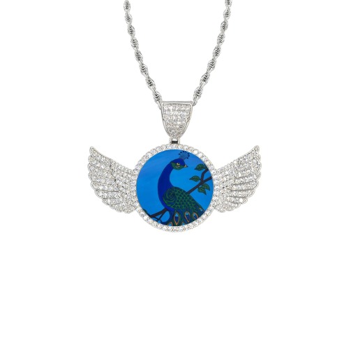 Peacock 2021 Wings Silver Photo Pendant with Rope Chain