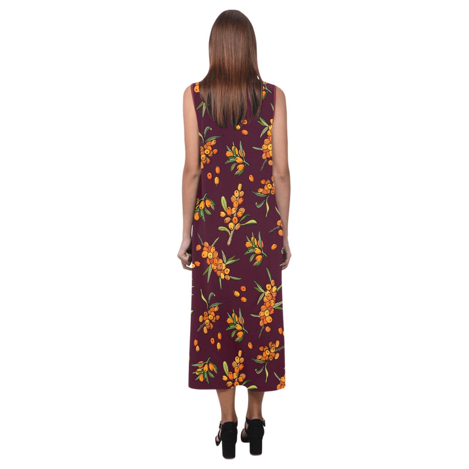 Golden Berry Pattern Phaedra Sleeveless Open Fork Long Dress (Model D08)