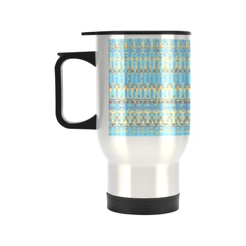 Blue Gold Brown Mosaic Pattern Travel Mug (Silver) (14 Oz)