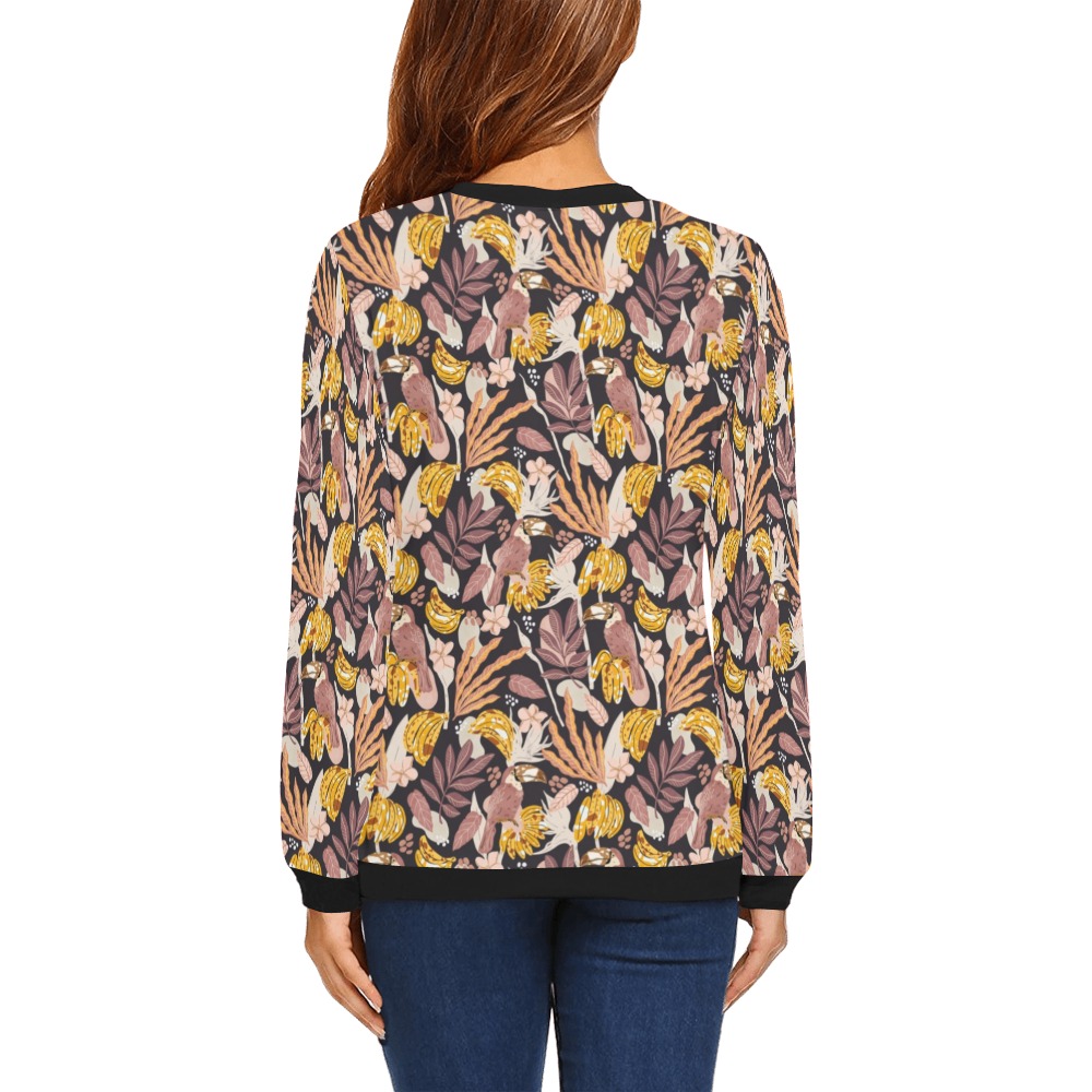 Dark jungle bananas and toucans_01 All Over Print Crewneck Sweatshirt for Women (Model H18)