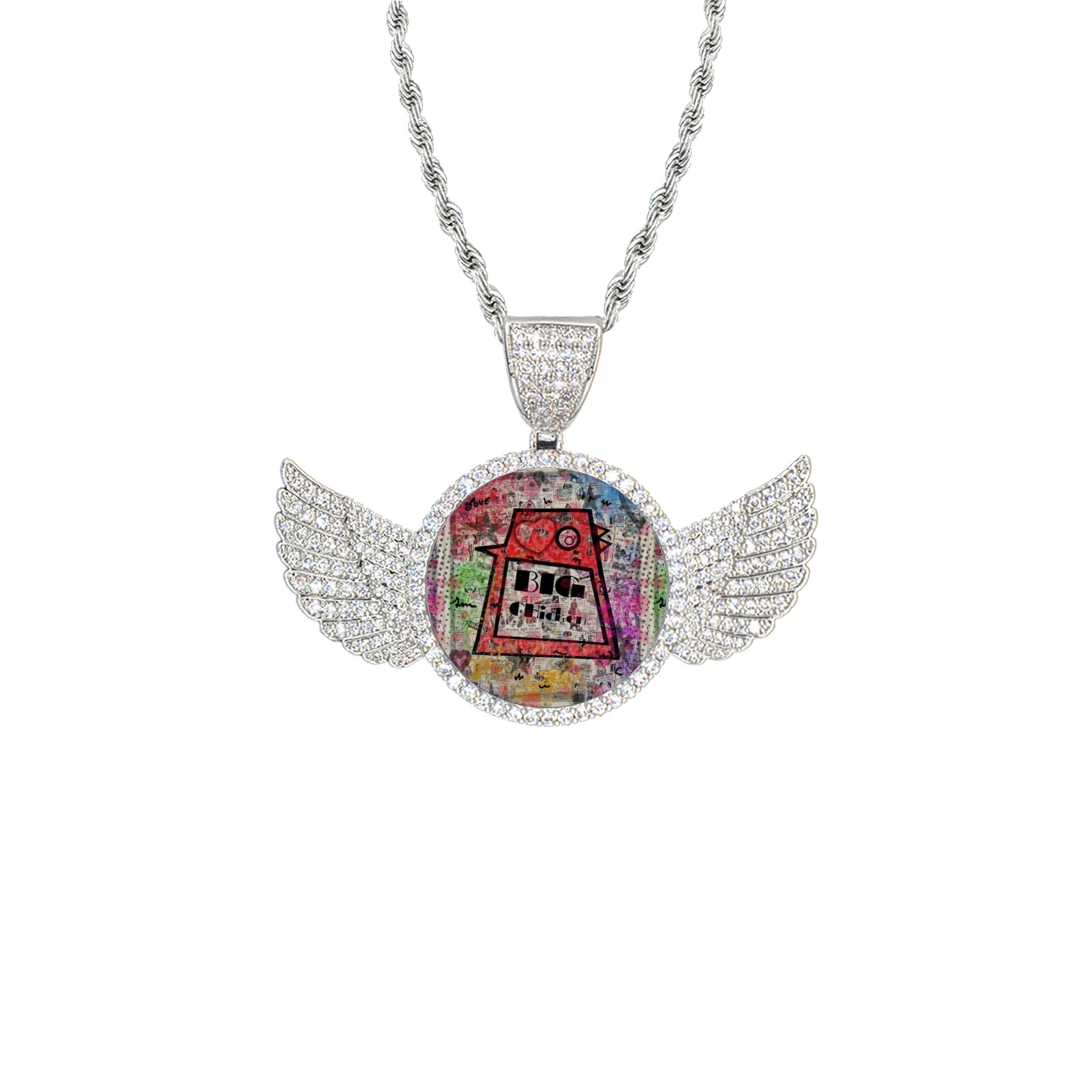 Big Chicken Paper by Nico Bielow Wings Silver Photo Pendant with Rope Chain