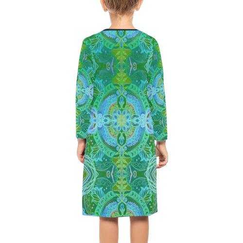 floralie-greenblue Girls' Long Sleeve Dress (Model D59)