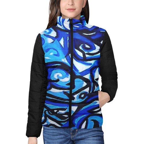 Blue Abstract Graffiti bomber jacket Women's Stand Collar Padded Jacket (Model H41)