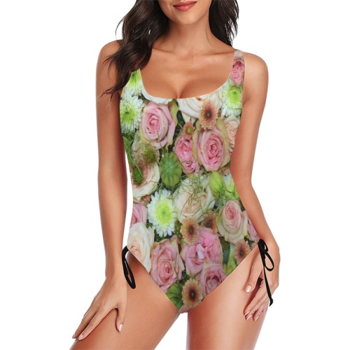 Pastel Pink Roses Drawstring Side One-Piece Swimsuit (Model S14)