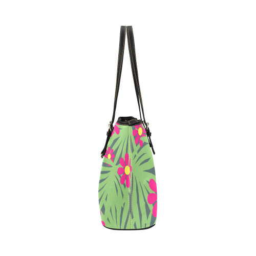 Pink Exotic Paradise Jungle Flowers and Leaves Leather Tote Bag/Large (Model 1651)