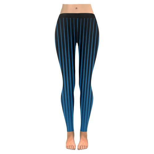 Blue Tapered Black Stripes Women's Low Rise Leggings (Invisible Stitch) (Model L05)