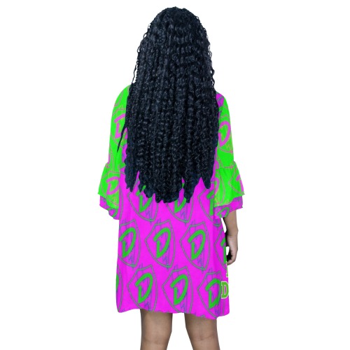 DIONIO Clothing - Women's Half Sleeves V-Neck Mini-Dress (Pink & Neon D Shield Repeat Logo) Half Sleeves V-Neck Mini Dress (Model D63)