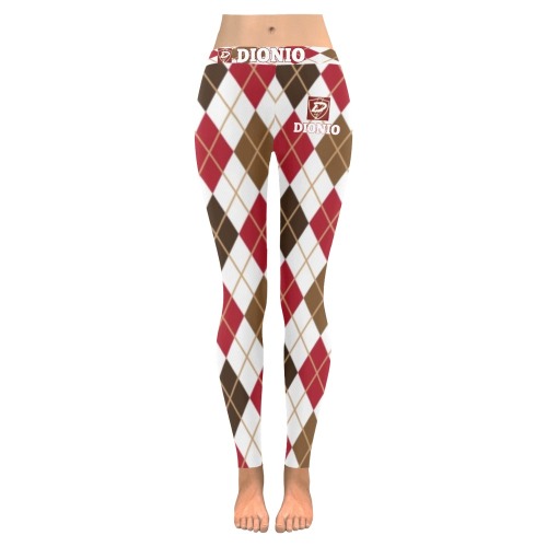 DIONIO Clothing - Ladies' Argyle Red,Green & White Leggings (Red D-Shield Logo) Women's Low Rise Leggings (Invisible Stitch) (Model L05)