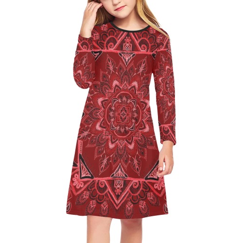 gamba dark red Girls' Long Sleeve Dress (Model D59)