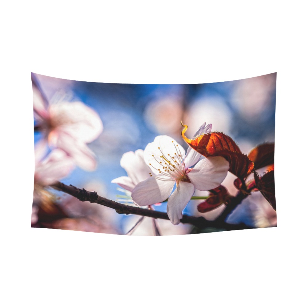 Sunlit sakura cherry flower in the tree shadow. Polyester Peach Skin Wall Tapestry 90"x 60"