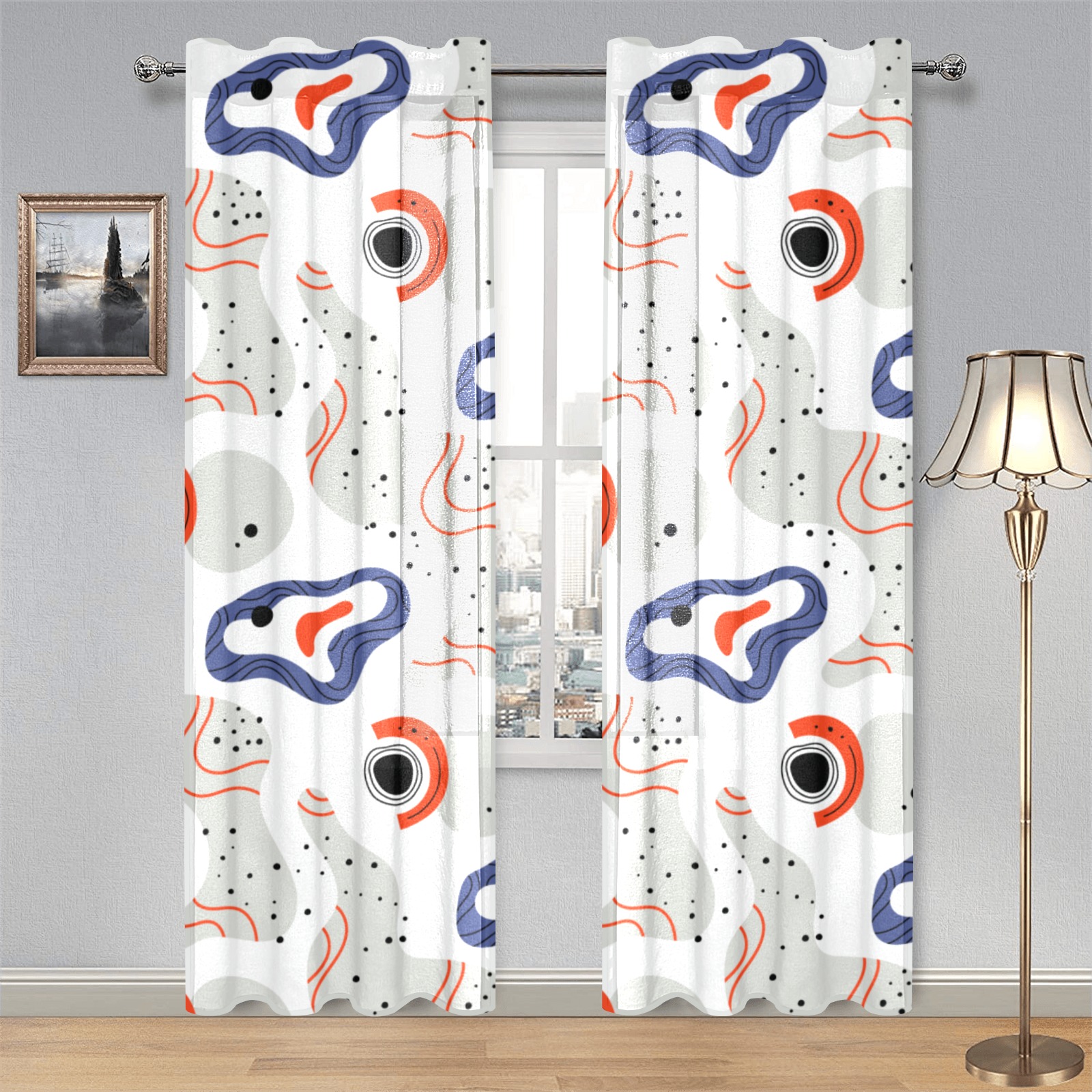 Elegant Abstract Mid Century Pattern Gauze Curtain 28"x84" (Two-Piece)