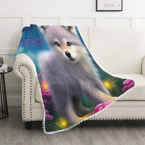 Baby Wolf Pom Pom Fringe Blanket 50"x60"