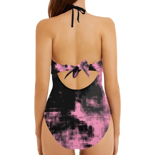 Pink Gray and Black Backless Hollow Out Bow Tie Swimsuit (Model S17)