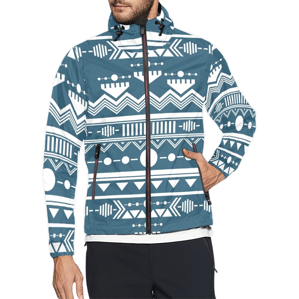 Trendy Tribal, Blue and White - Image Courtesy of Raw Pixel Unisex All Over Print Windbreaker (Model H23)