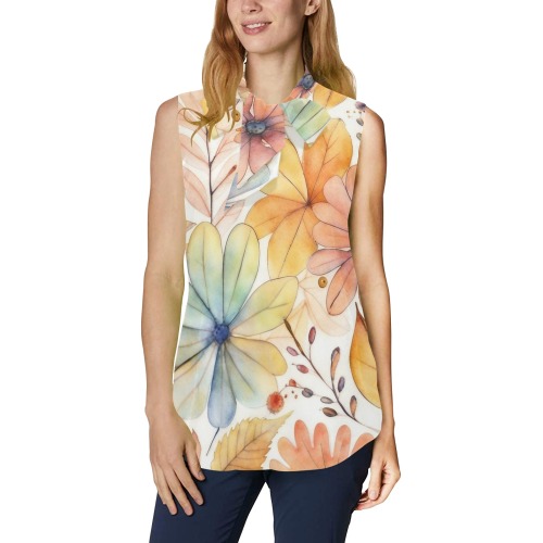 Watercolor Floral 2 Women's Bow Tie V-Neck Sleeveless Shirt (Model T69)