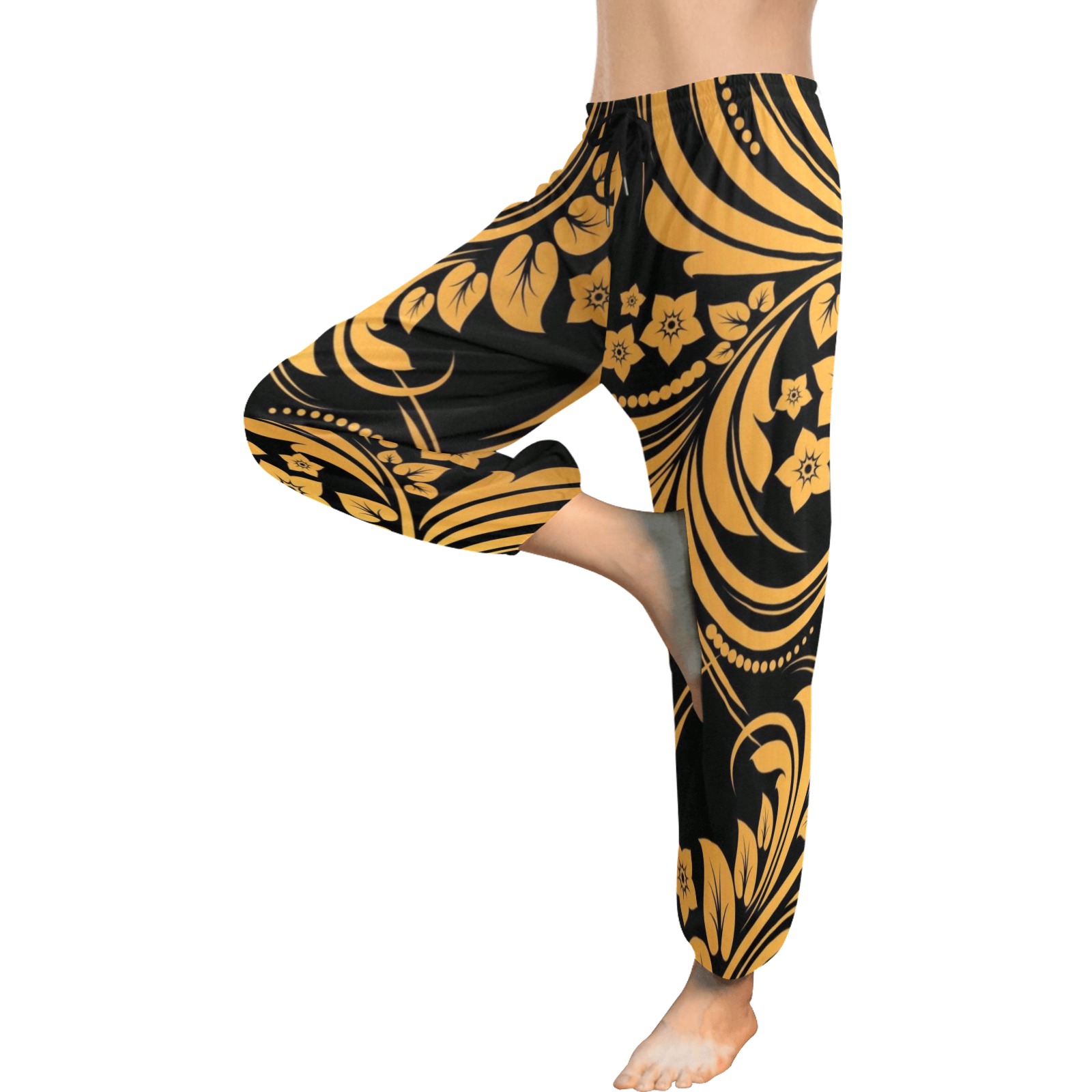 Black & Vintage Gold Floral Swirl Print Women's All Over Print Harem Pants (Model L18)