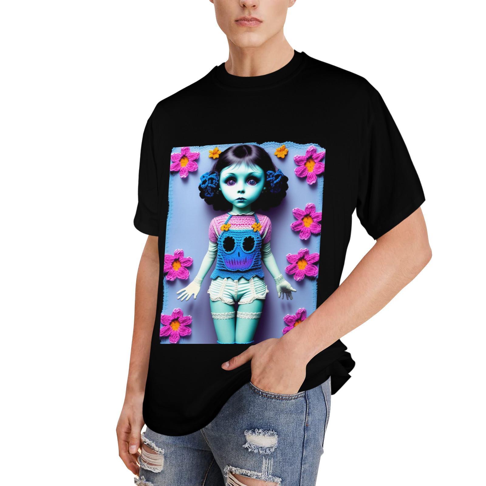 blue ghost knit crochet girl Men's Glow in the Dark T-shirt (Front Printing)