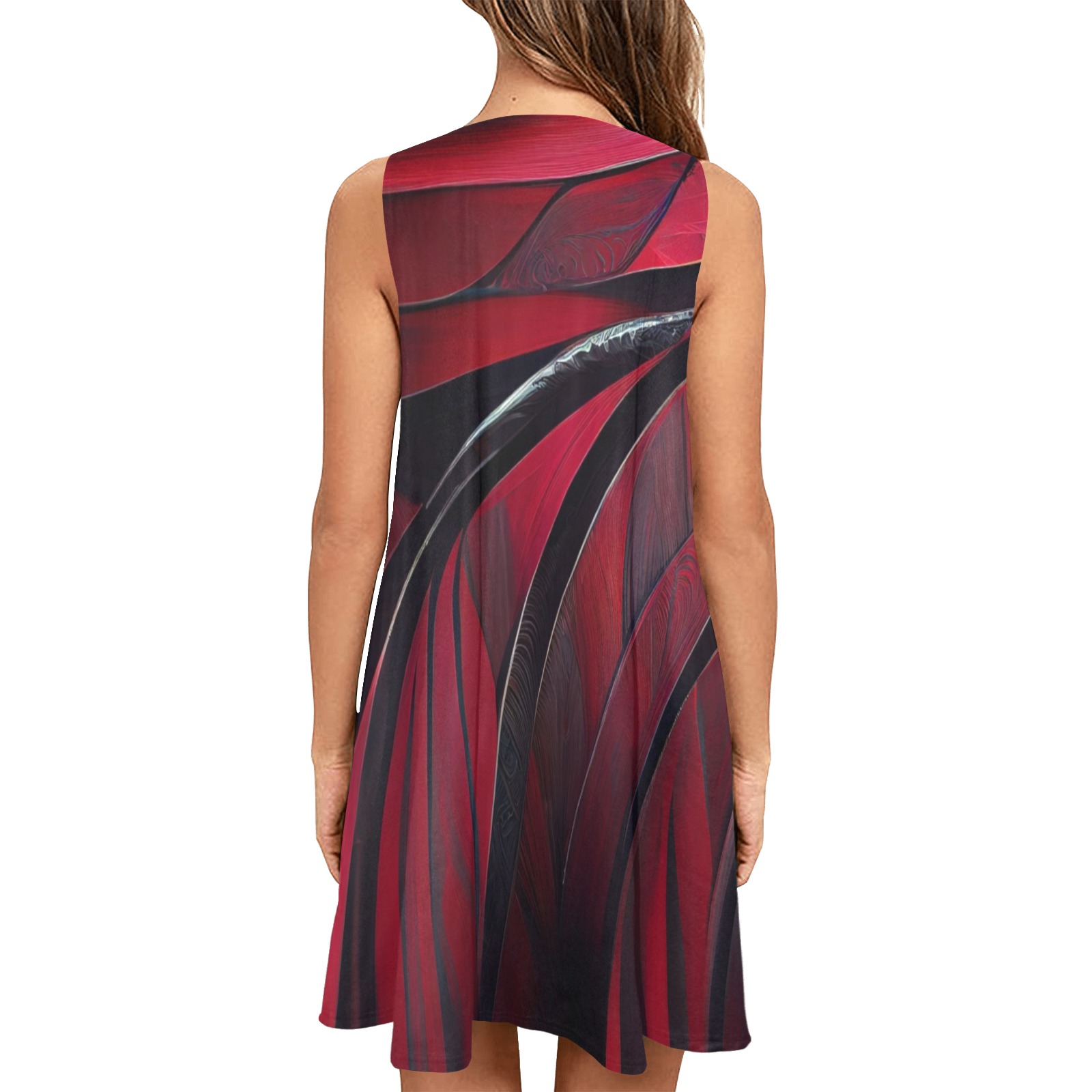 red and black curved pattern Sleeveless A-Line Pocket Dress (Model D57)