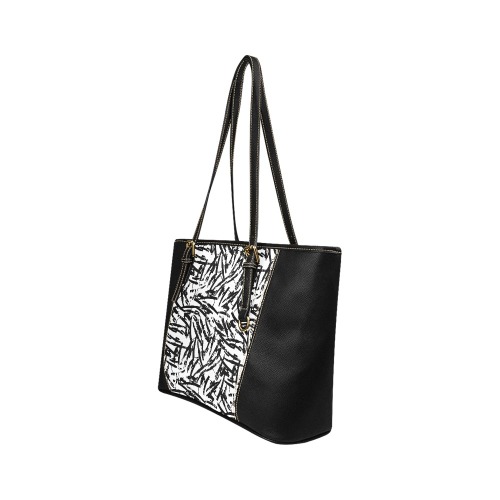 Brush Stroke Black and White Leather Tote Bag/Small (Model 1640)