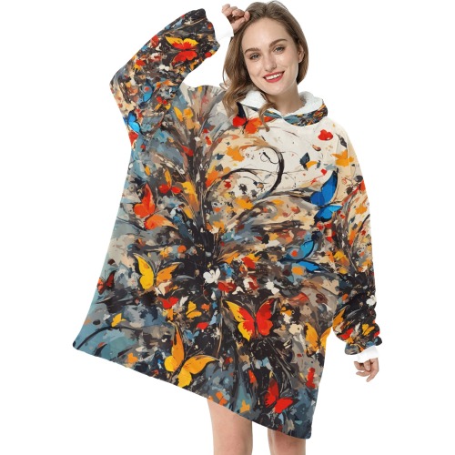 Beautiful colorful butterflies and abstract plants Blanket Hoodie for Women