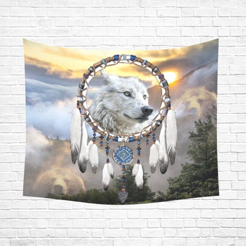 Wolf, Bear and Dream Catcher Cotton Linen Wall Tapestry 60"x 51"