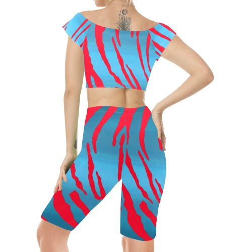 Metallic Tiger Stripes Blue Red Women's Crop Top Yoga Set