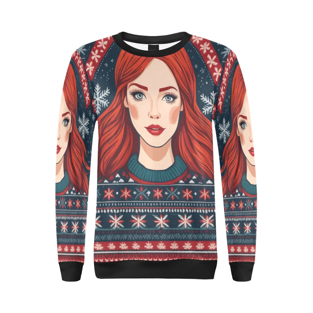 Charming redhead woman in sweater winter pattern. All Over Print Crewneck Sweatshirt for Women (Model H18)