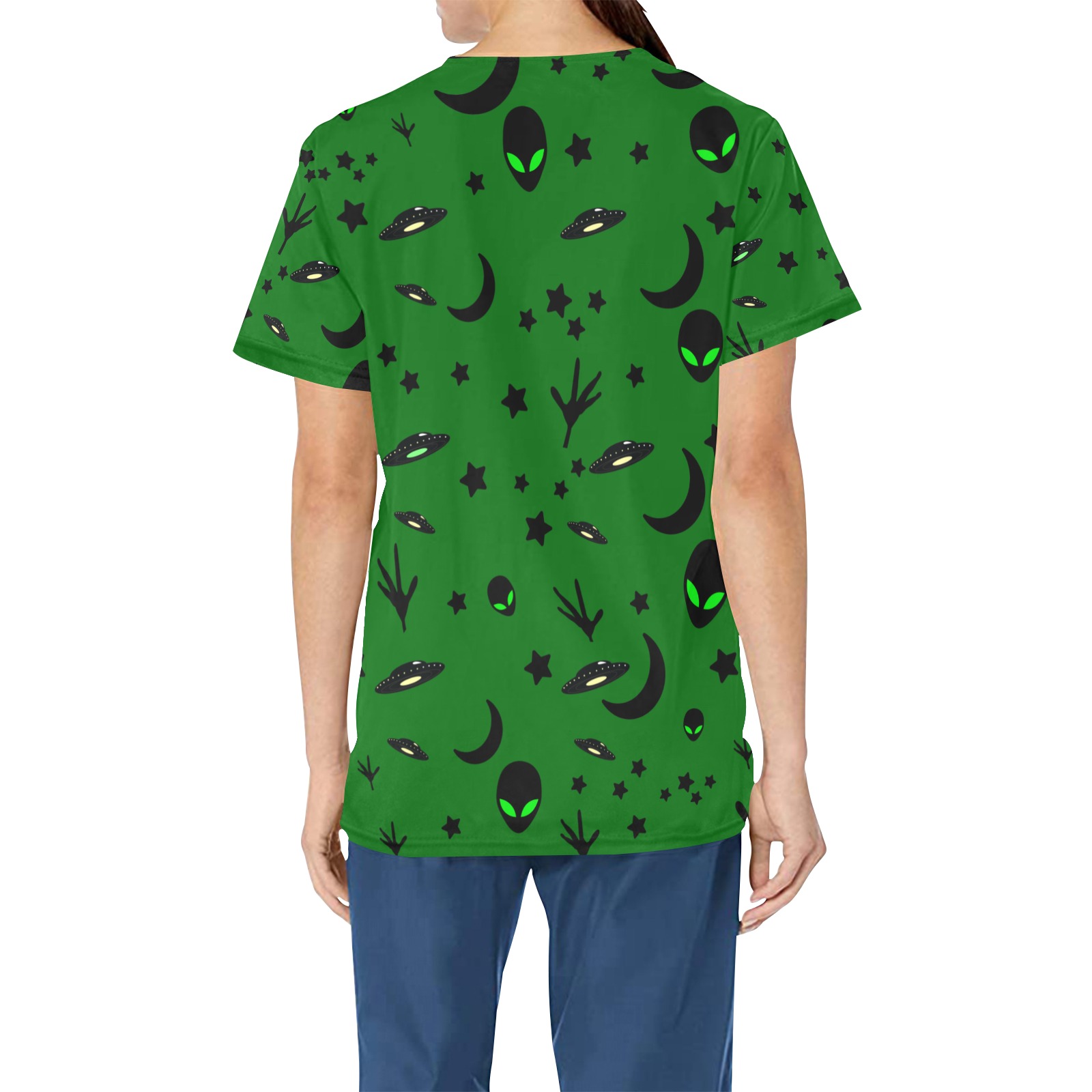 Aliens and Spaceships on Green All Over Print Scrub Top