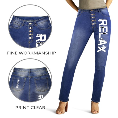 Relax white text and silhouettes of relaxing women Women's Jeans (Front&Back Printing)