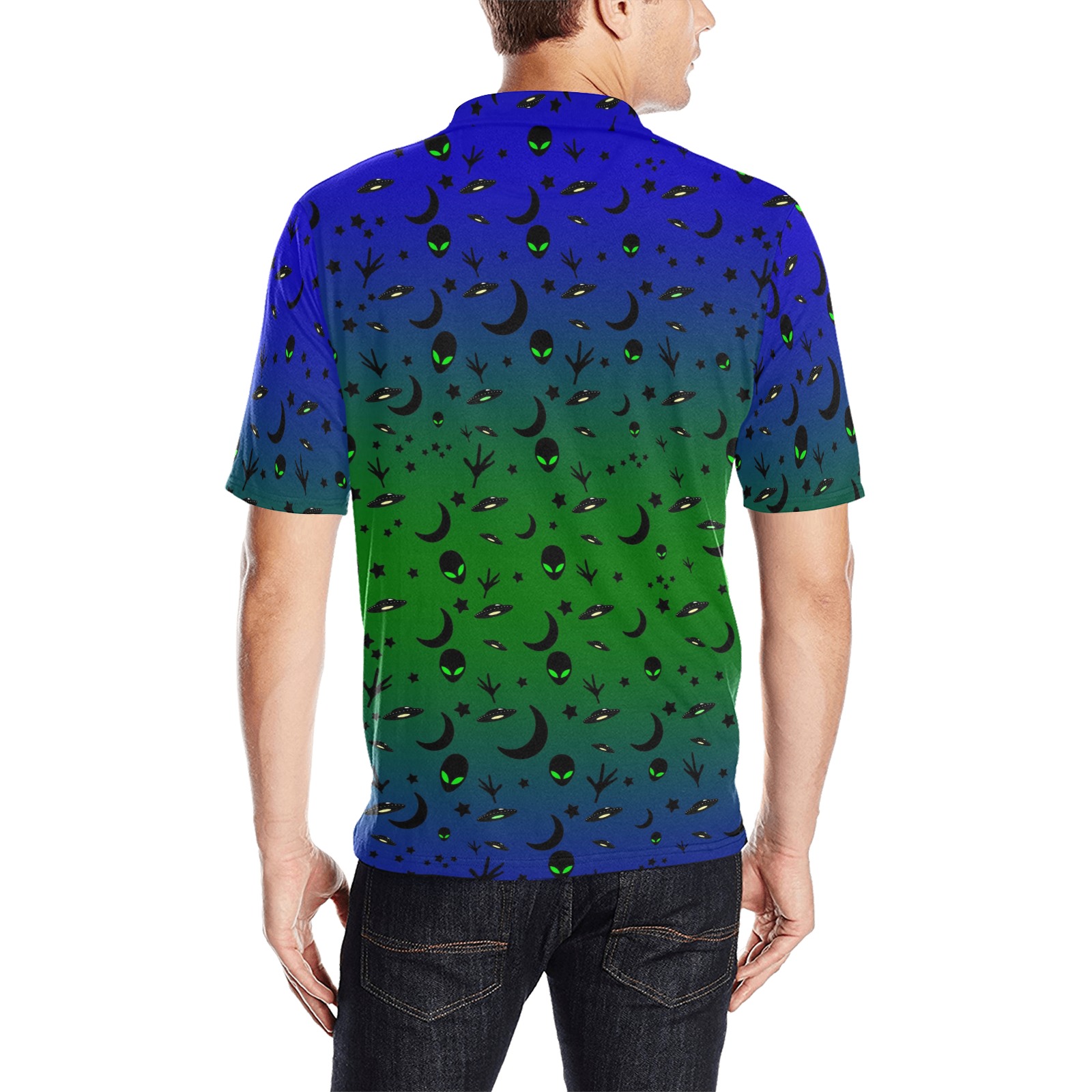 Aliens and Spaceships Blue and Green Men's All Over Print Polo Shirt (Model T55)