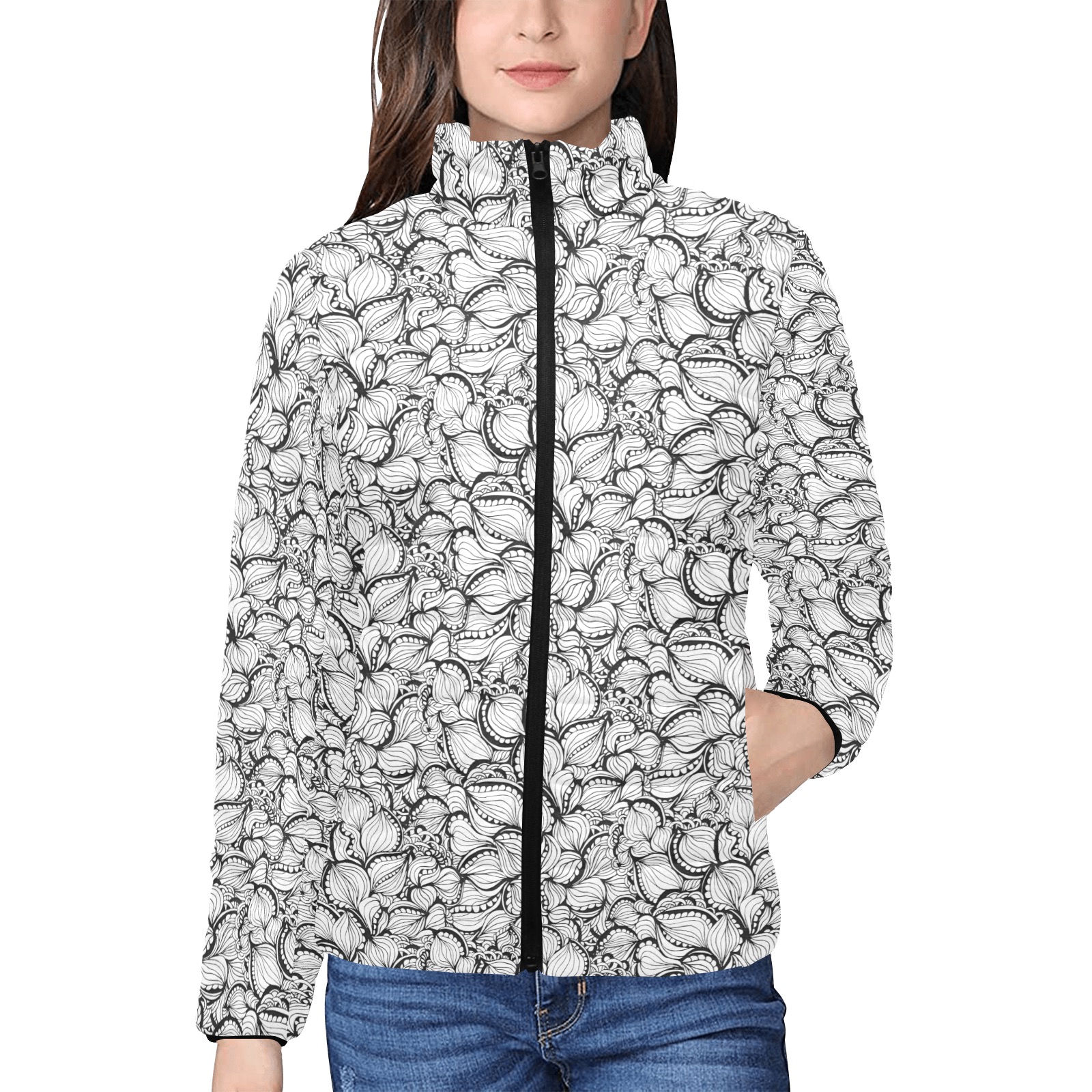 Pussy Willow Pods - Small Pattern Women's Stand Collar Padded Jacket (Model H41)