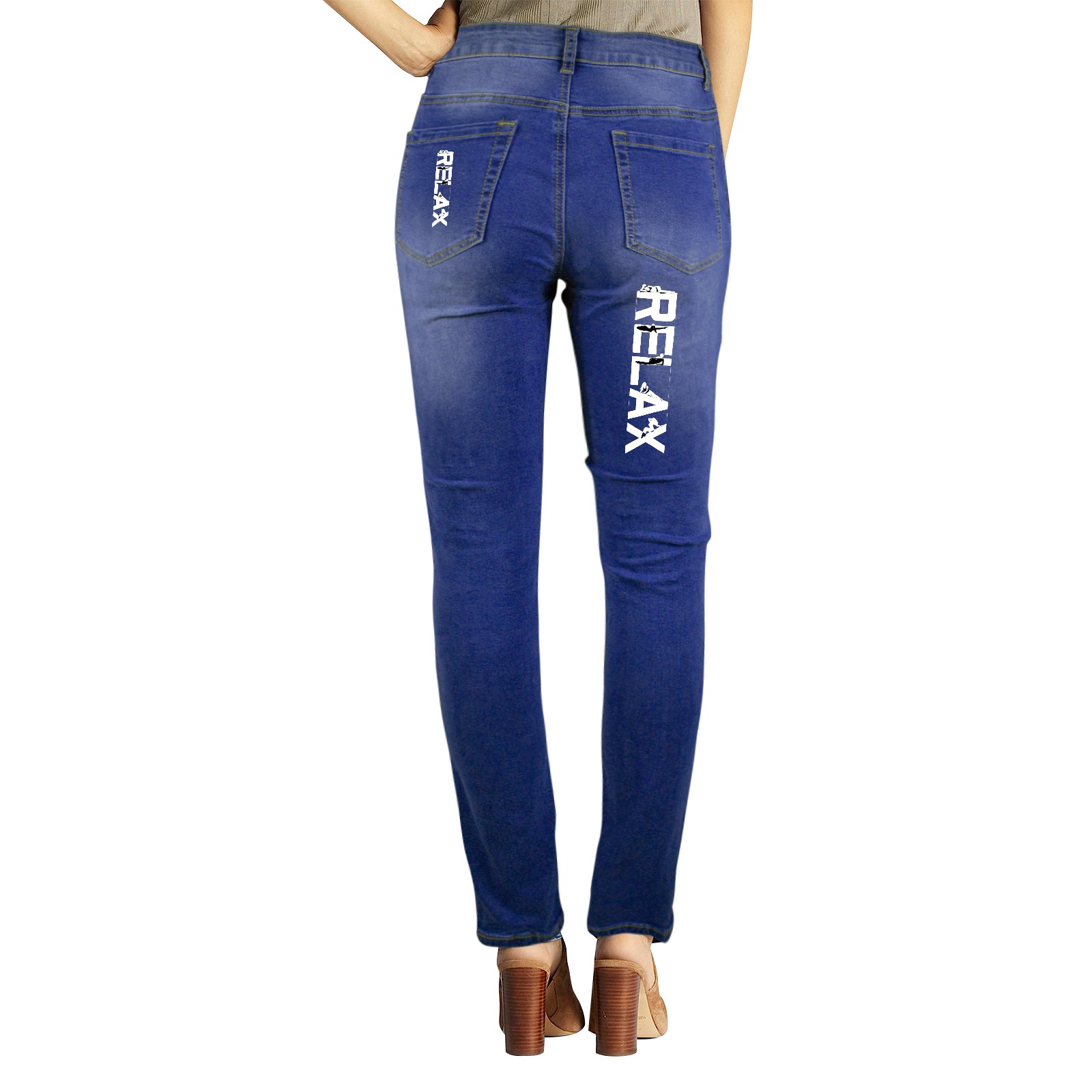 Relax white text and silhouettes of relaxing women Women's Jeans (Front&Back Printing)